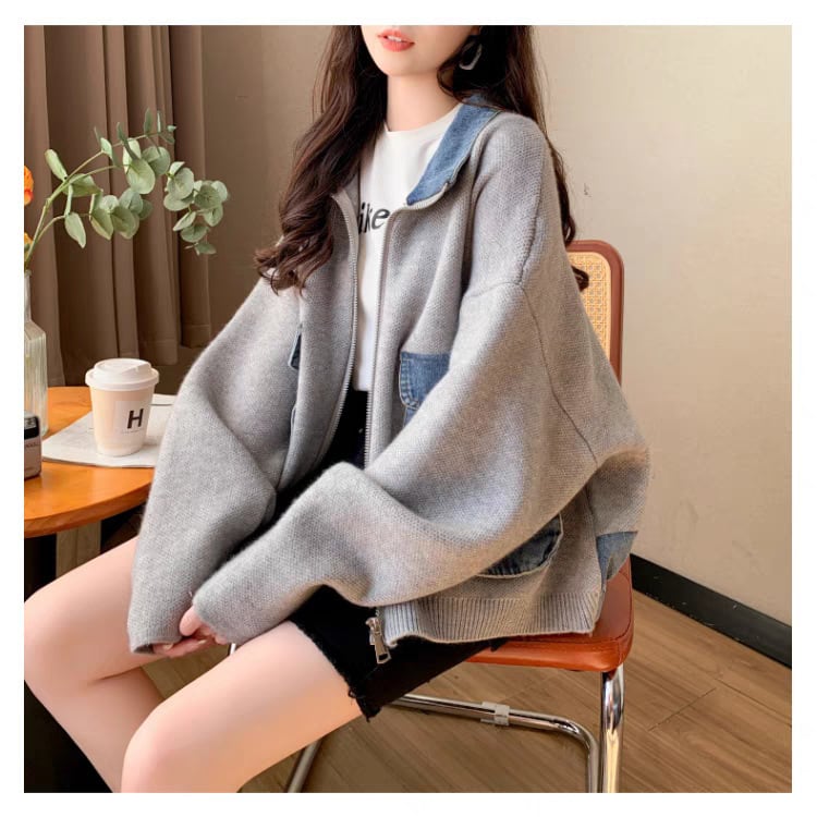 【outer】デニム切り替えニットカーデ　M25745