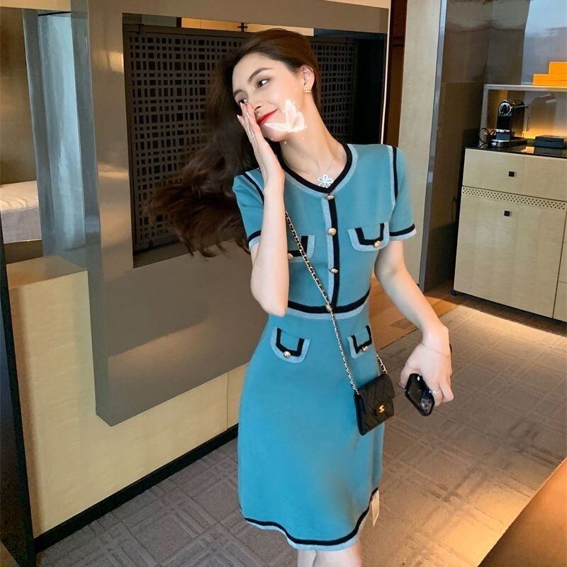 【dress】ラウンドネック半袖ニットワンピースF7335