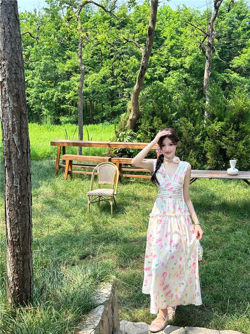 【dress】Vネックプリントワンピース　M24584