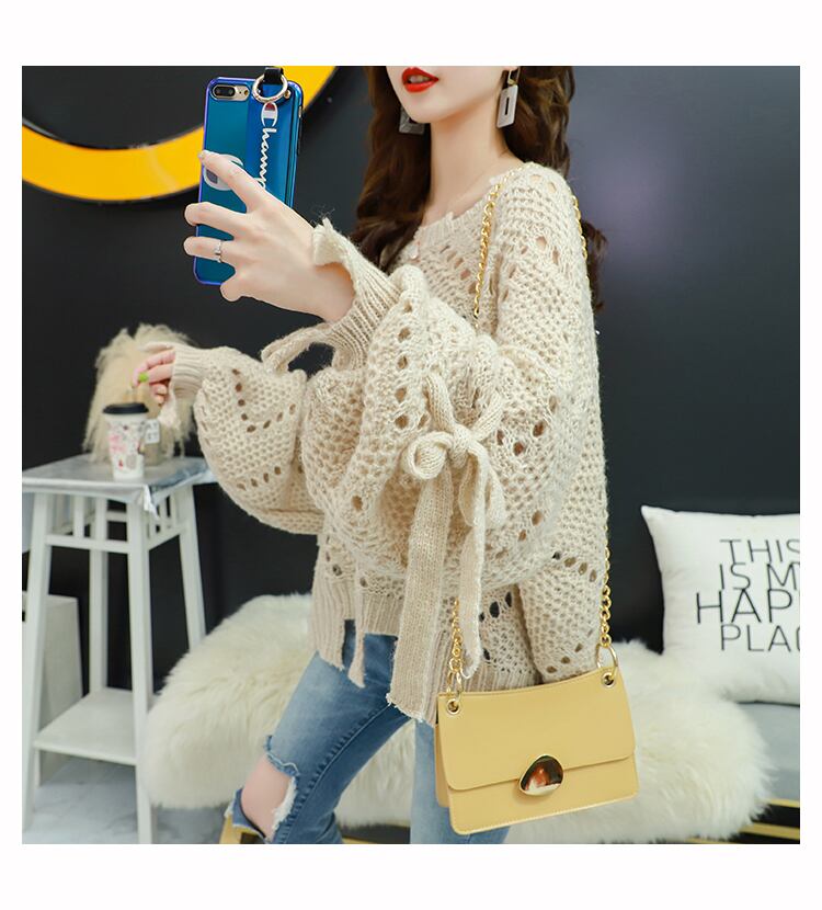 【tops】韓国ファッション3色ラウンドネック長袖透かし彫り薄手ニットセーターF0634