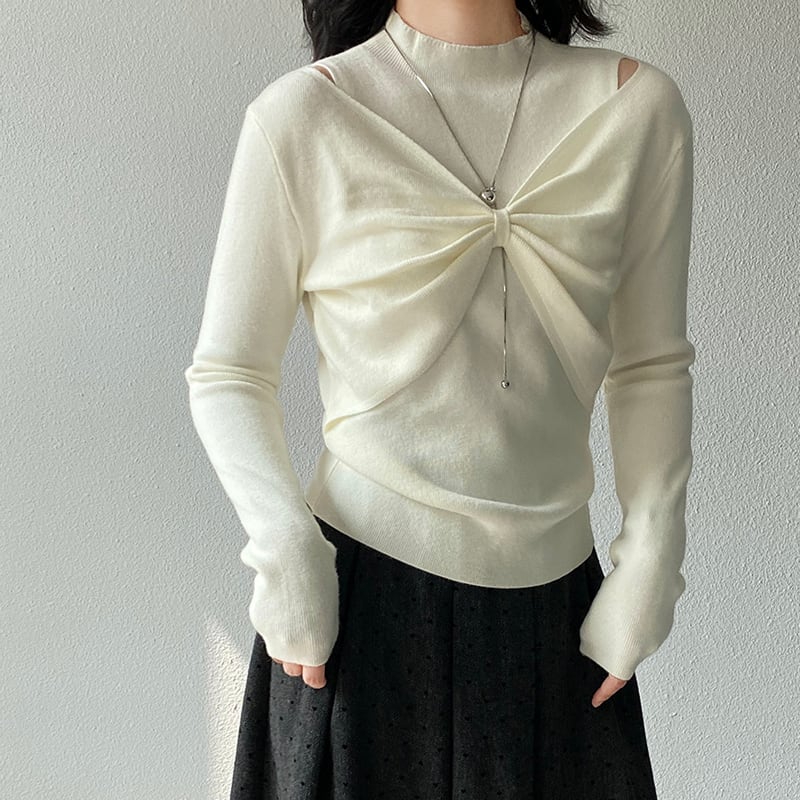【tops】リボンフェイクレイヤードニットトップス Q7240