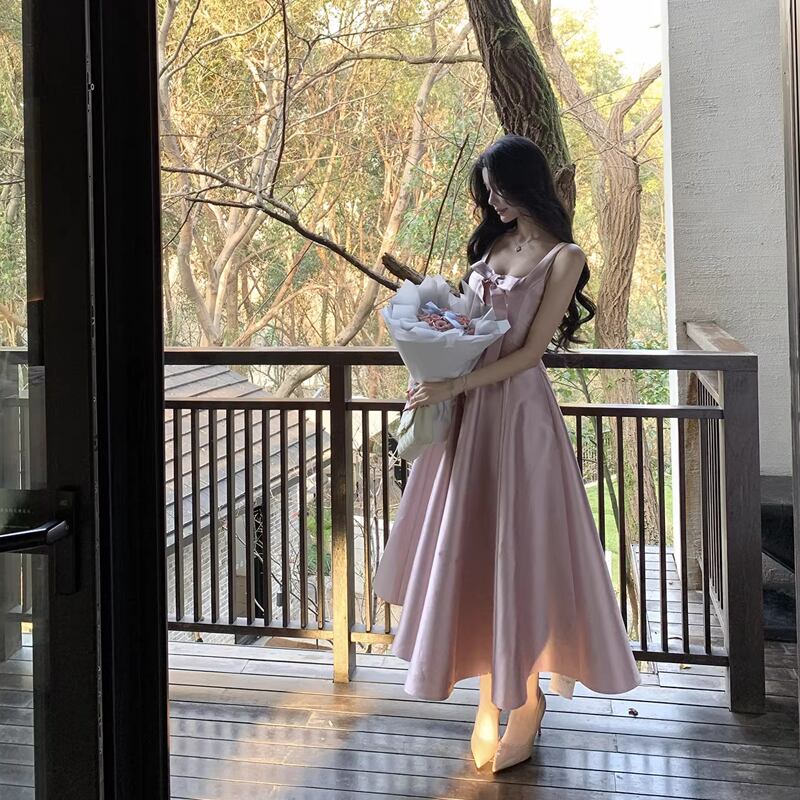 【dress】リボン付きフレアロングキャミワンピース Q8380
