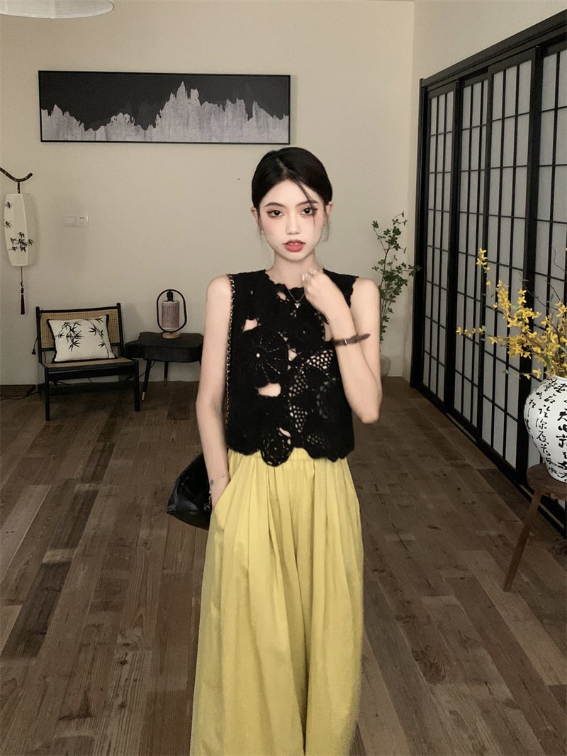 【set】カットワークベスト×ワイドパンツセット　M23915