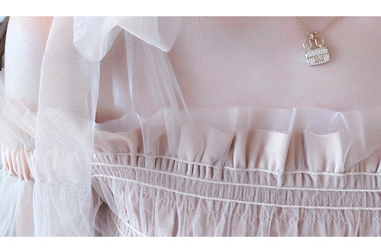 【tops】女性力を高める〜オフネック長袖体型カバーメッシュフ無地着回しブラウスF0570