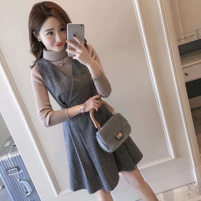【set】話題沸騰中2点セット無地セーター+ウェスト絞りチョッキワンピース通勤日常セットアップF1277