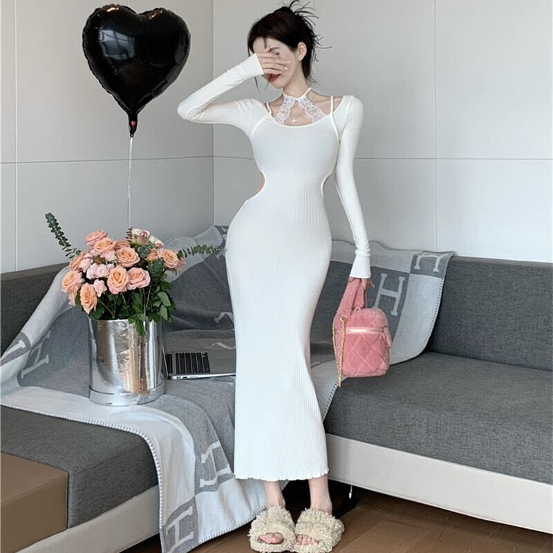 【dress】レースドッキングニットワンピース　M27875