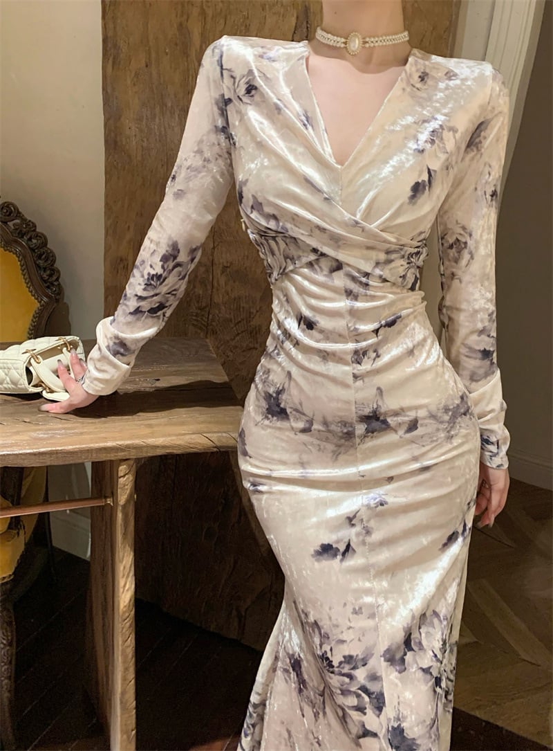 【dress】Vネックプリントワンピース G19641