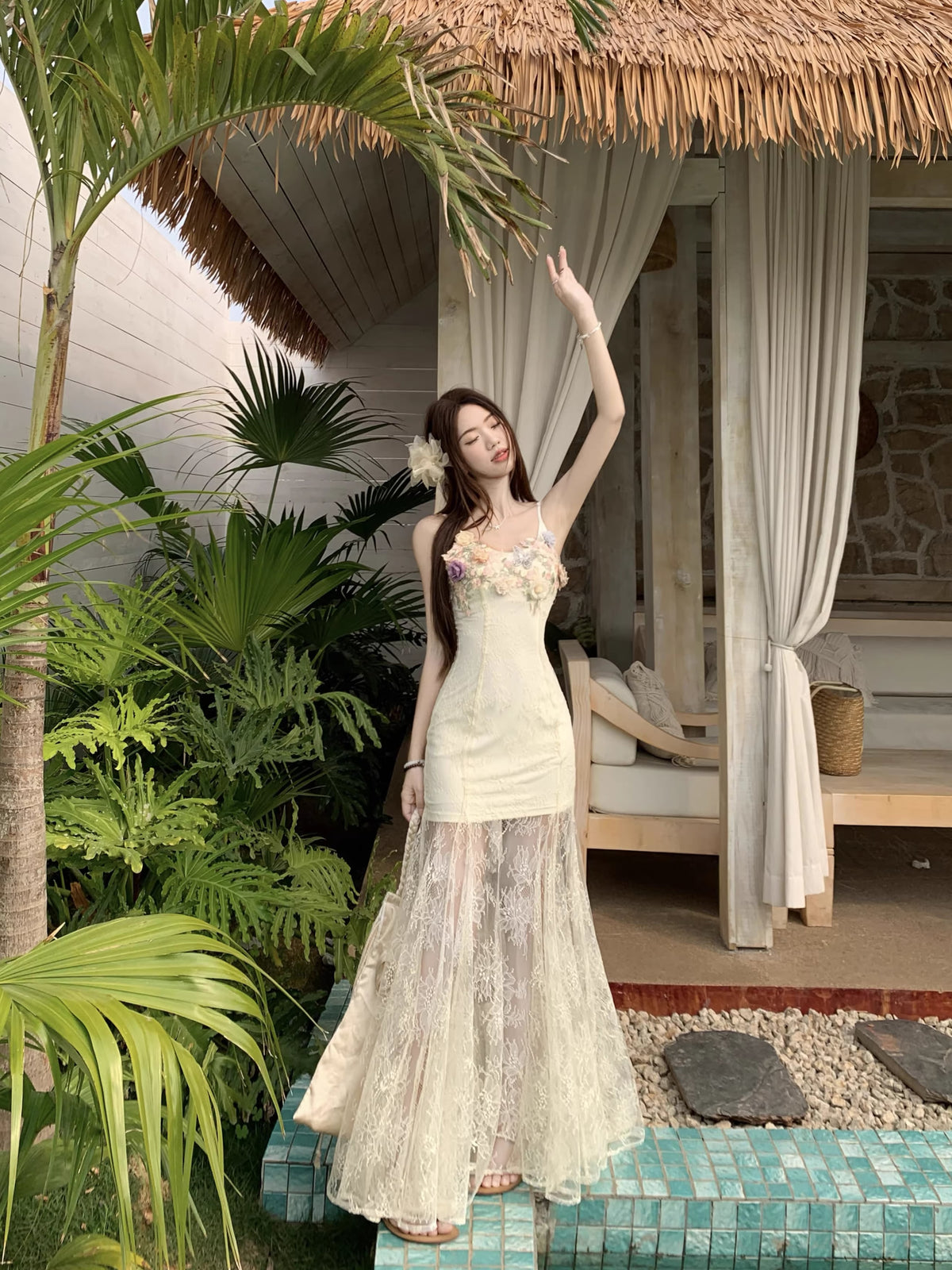 【dress】フラワー付きチュールドッキングロングキャミワンピース Q8259