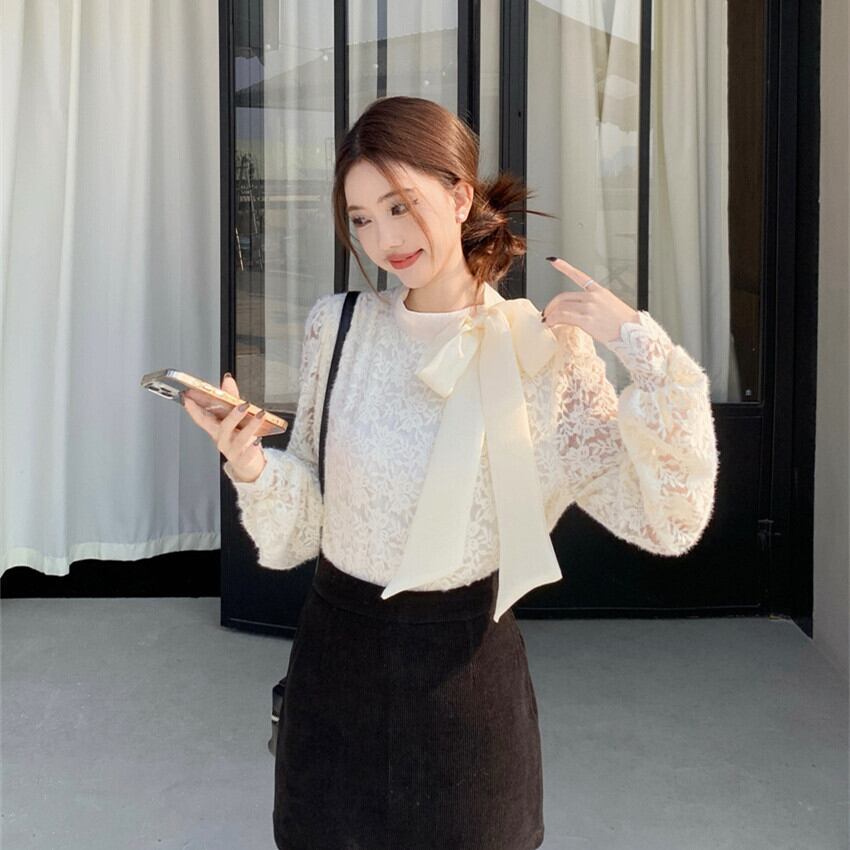 【tops】リボン付き裹起毛レーストップス　M28380