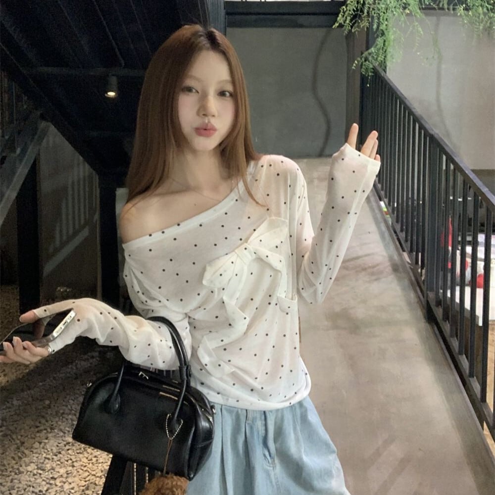 【tops】ドット柄長袖Tシャツ　M25262
