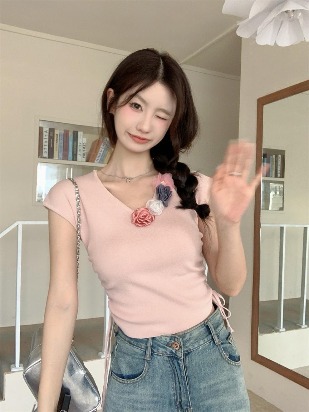 【tops】立体フラワーニットTシャツ　M24271