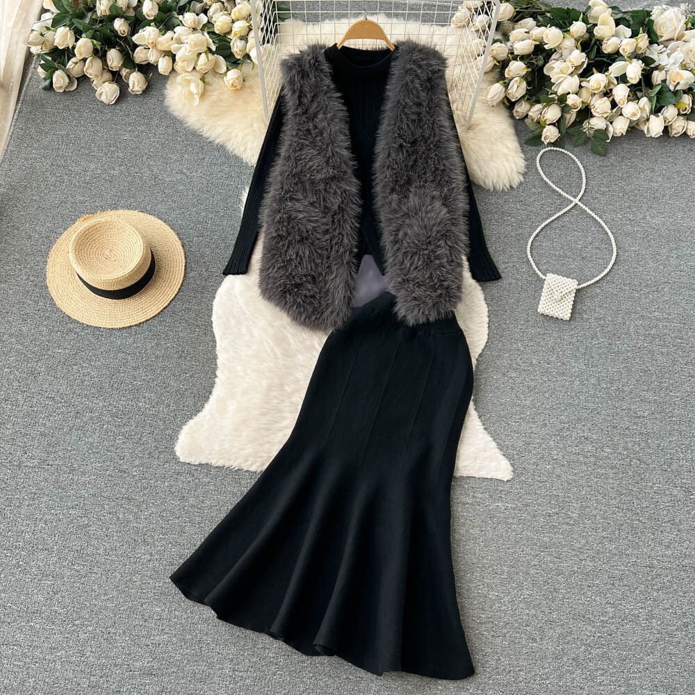 【set】ファージレ×カシュクールニットトップス×マーメイドスカート3点セット　N2741