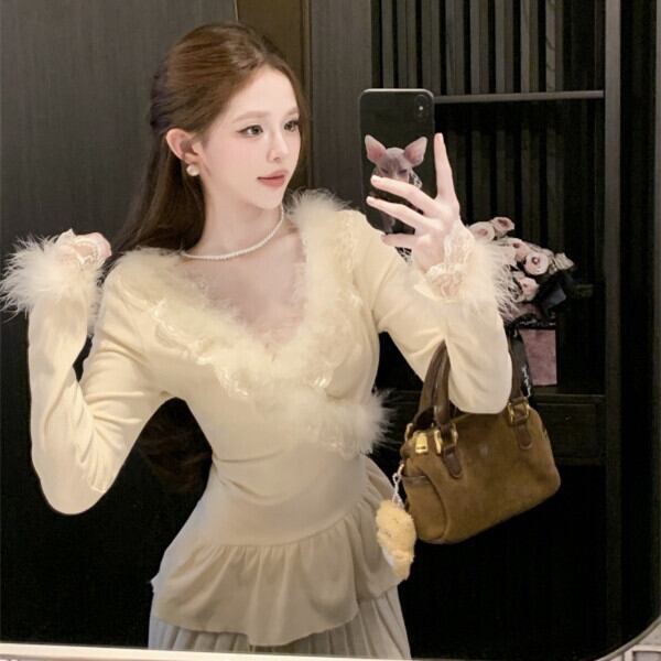【tops】ファーレースドッキングフリルトップス　M28568