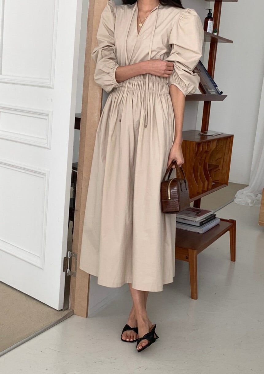 【dress】パフスリーブウエストギャザーワンピース　N2974