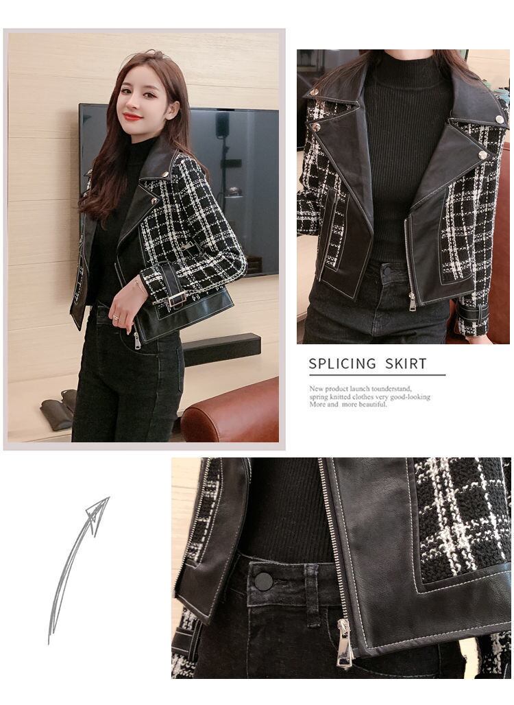 【outer】話題沸騰中大きいラペル長袖韓国風チェック柄配色切り替えショート丈ジャケットF1643