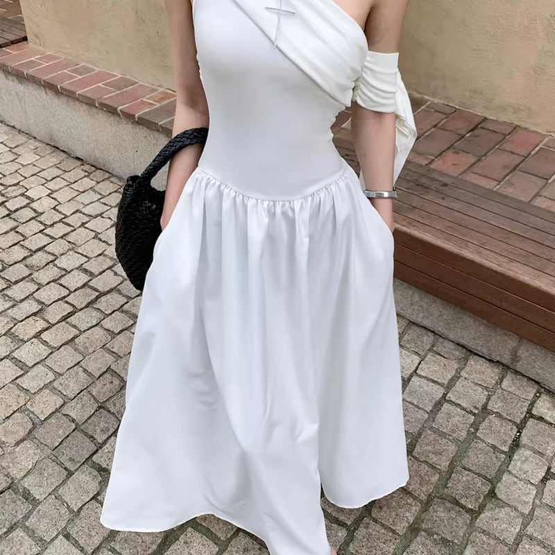 【dress】ワンショルダーAラインロングワンピース Q8265
