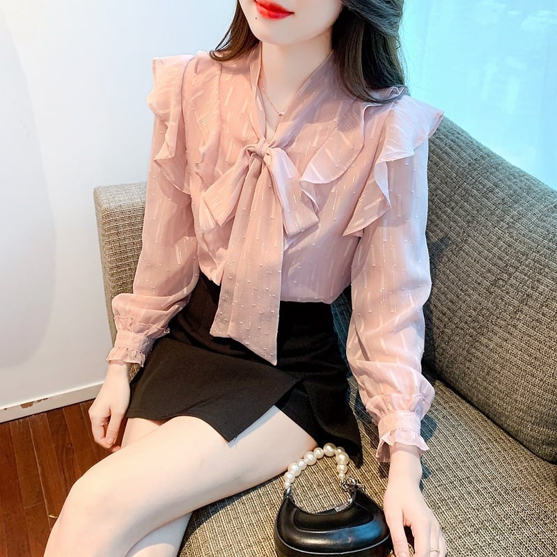 【tops】リボン付きシャツトップス　M25727