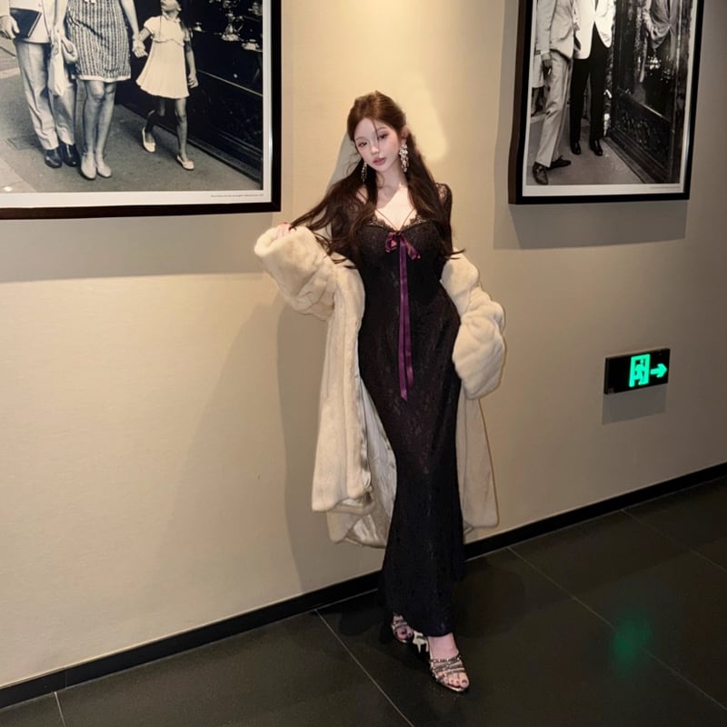 【dress】リボン付きレースタイトワンピース Q7602