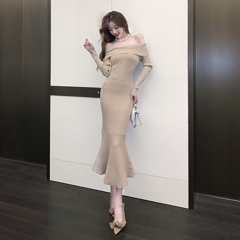 【dress】オフショルダーマーメイドニットワンピース　M17904