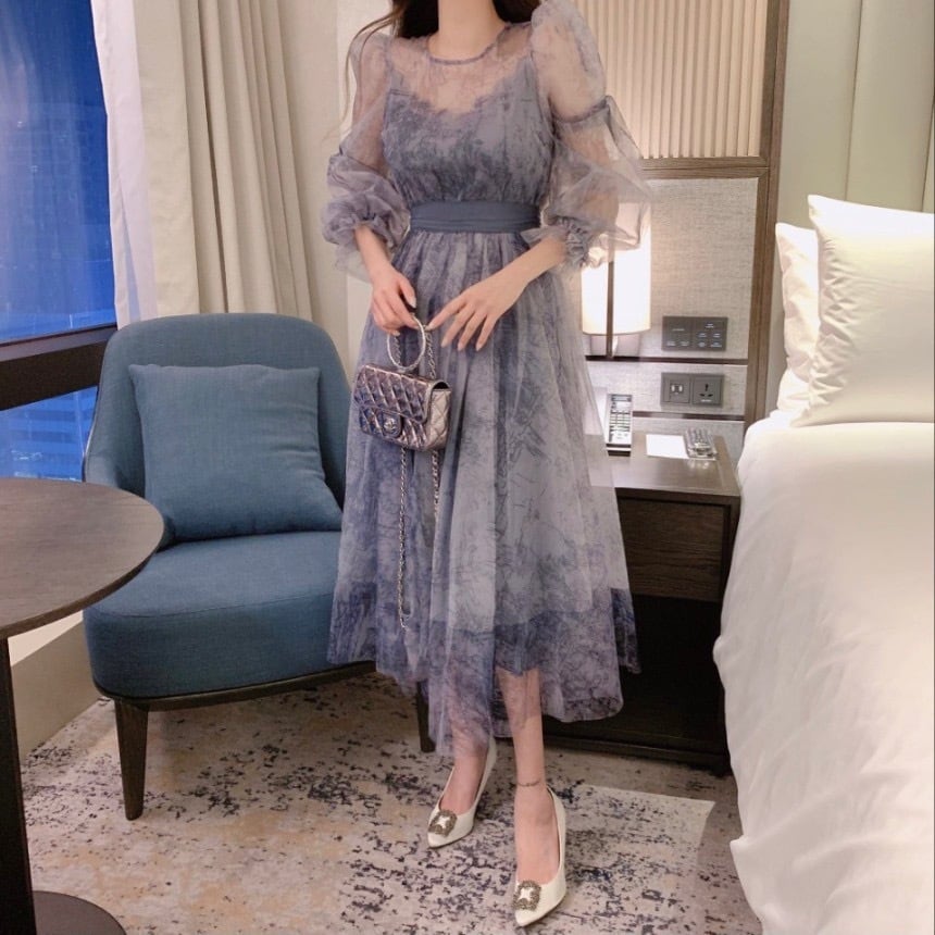 【dress】パフスリーブチュールワンピース　M30144