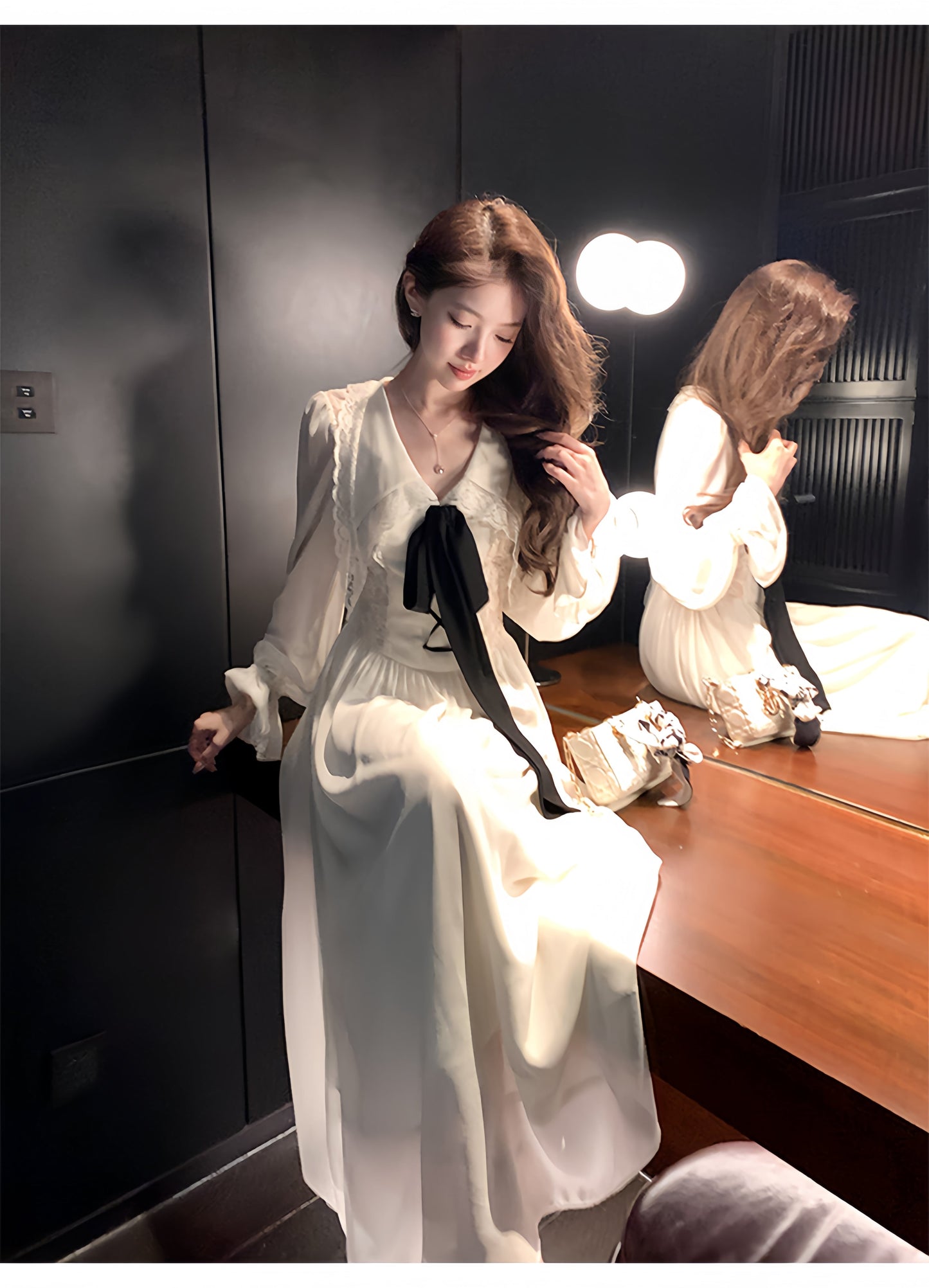 【dress】ビッグリボンレースドッキングロングワンピース　N3316