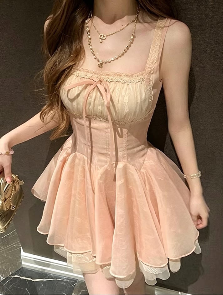 【dress】レースドッキングフレアワンピース Q8470