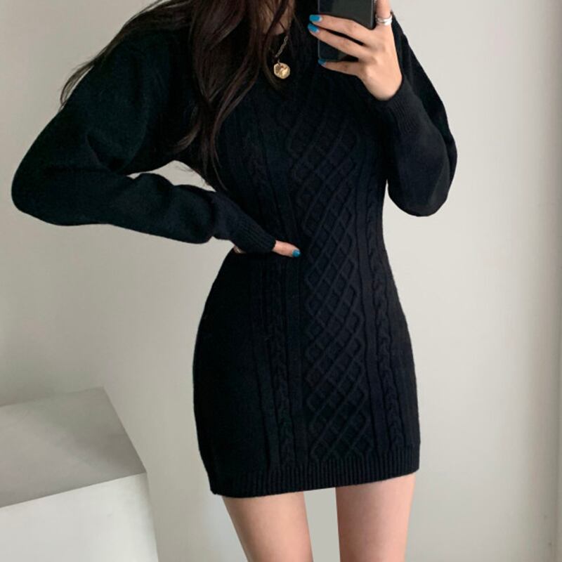 【dress】韓国INS風気質満点ラウンドネック体型カバー着痩せタイトニットワンピース G1767