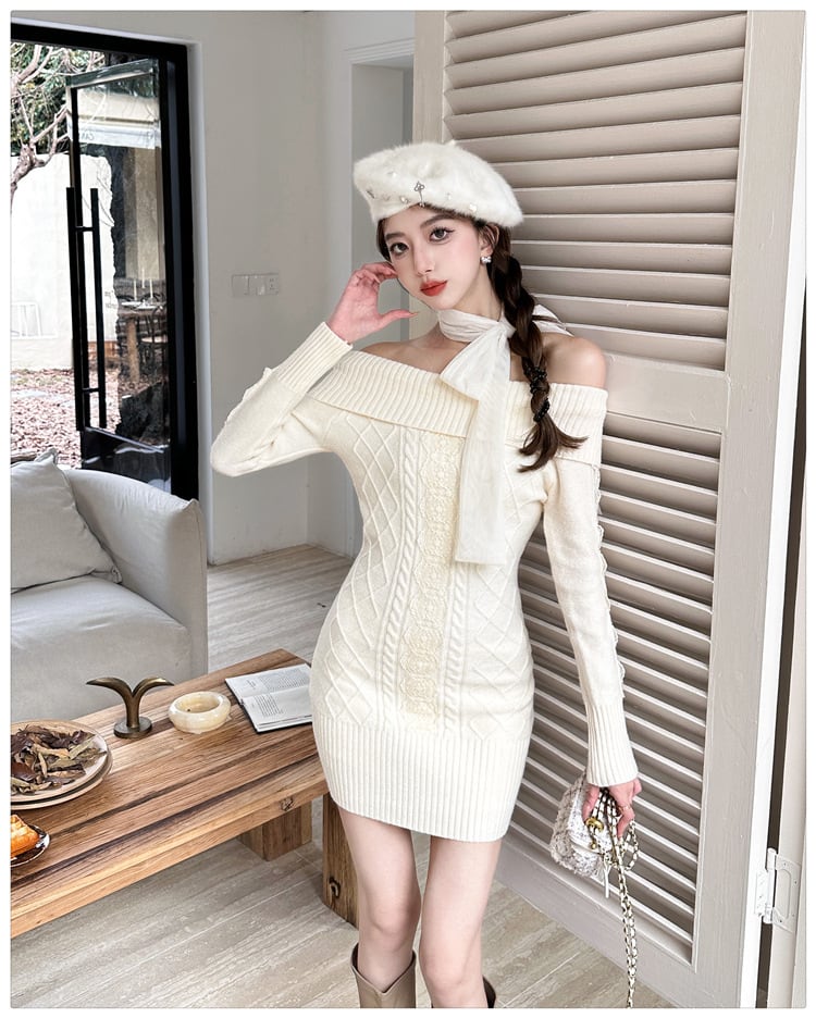 【dress】リボンオフショルニットワンピース　N2855