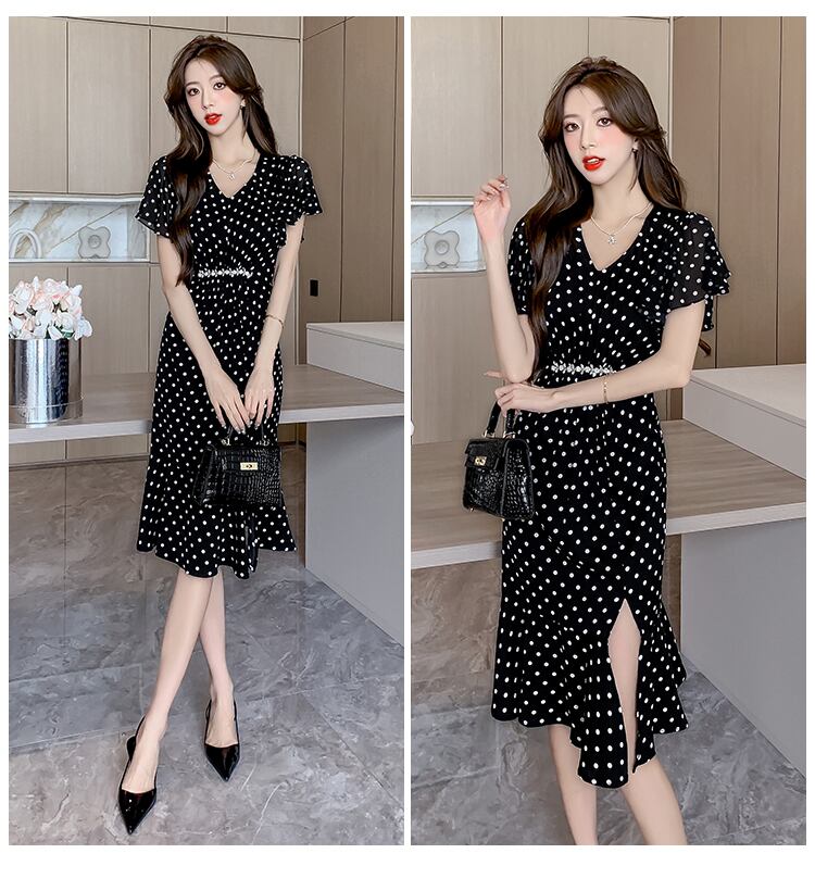 【dress】フランス風体型カバードット柄スリットワンピース G15210