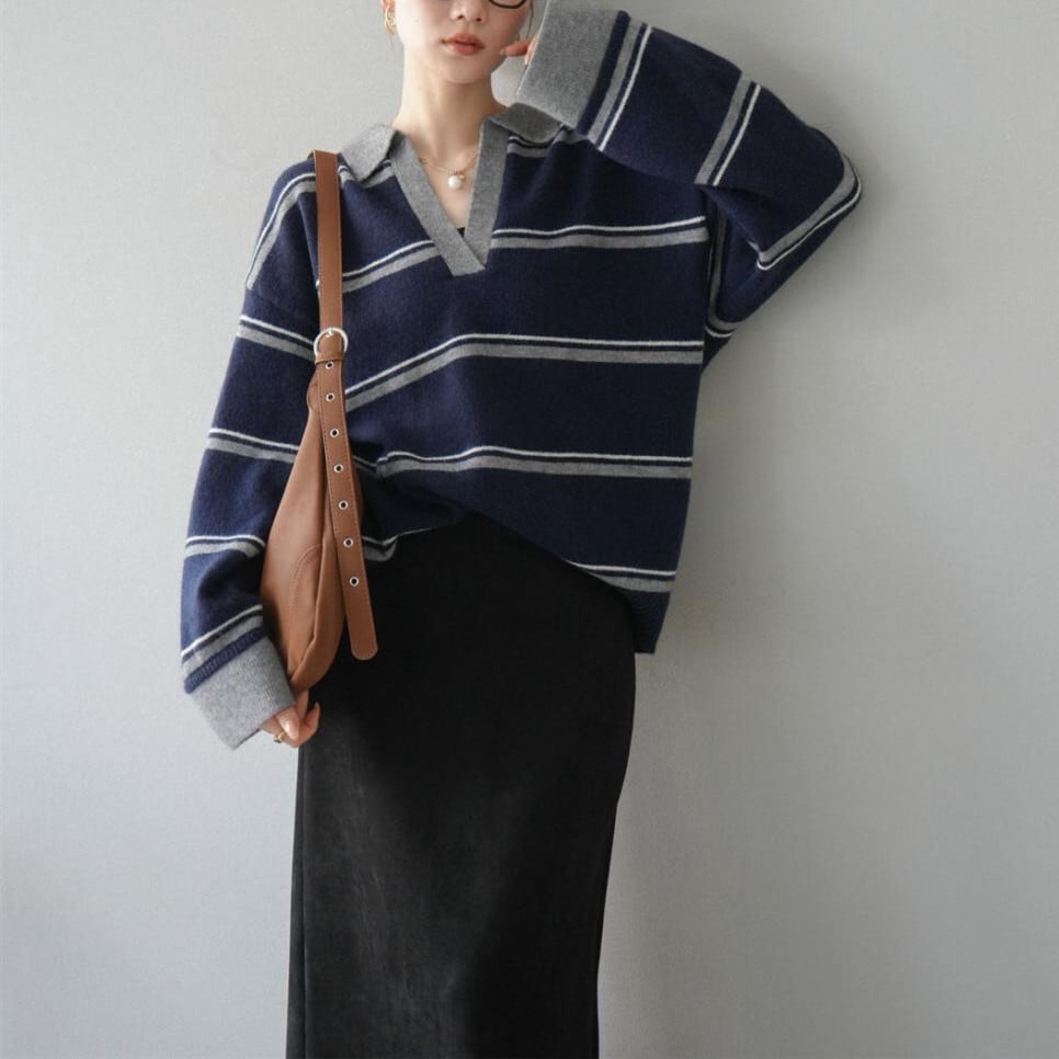 【tops】Ⅴネックボーダー柄ニットトップス N3430