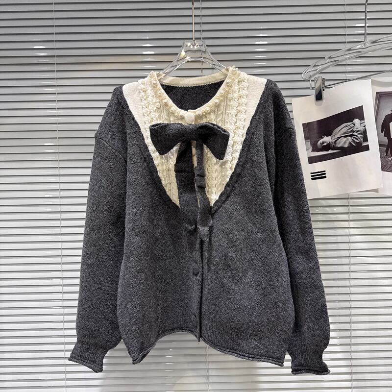 【outer】リボン付きフェイクレイヤードニットカーディガン Q7444