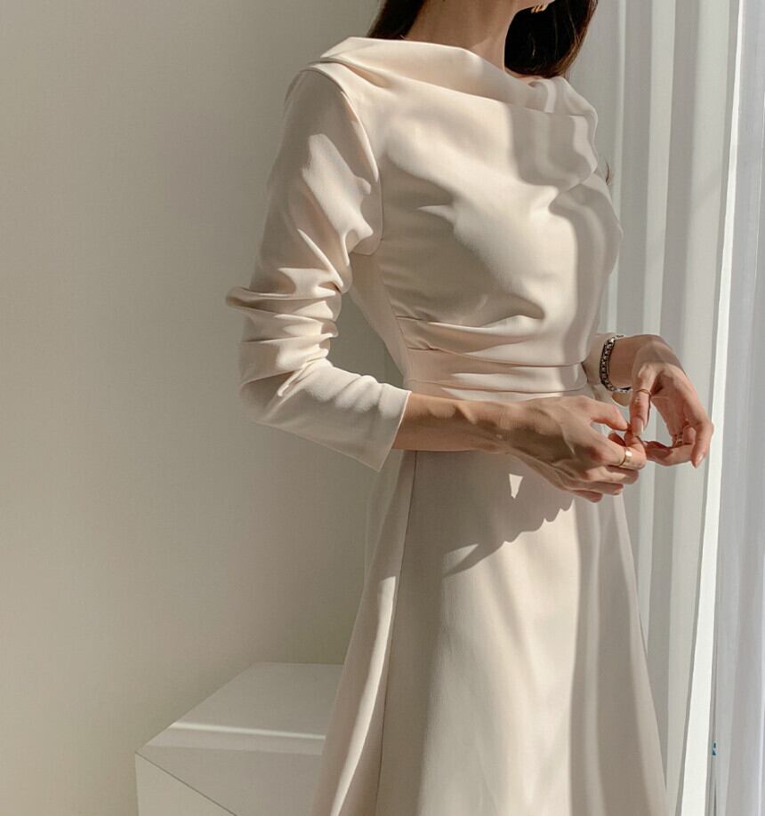 【dress】エレガント気質満点シンプル不規則着痩せハイウエスト長袖ワンピース G2964