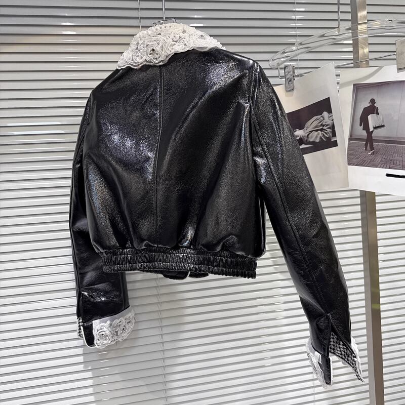 【outer】レースドッキングPU中綿ジャケット Q7336