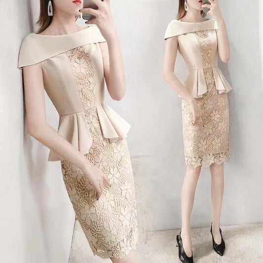 【dress】オシャレ度満点〜ギャザーレース切り替えスリットOL通勤タイトンワンピースF2427