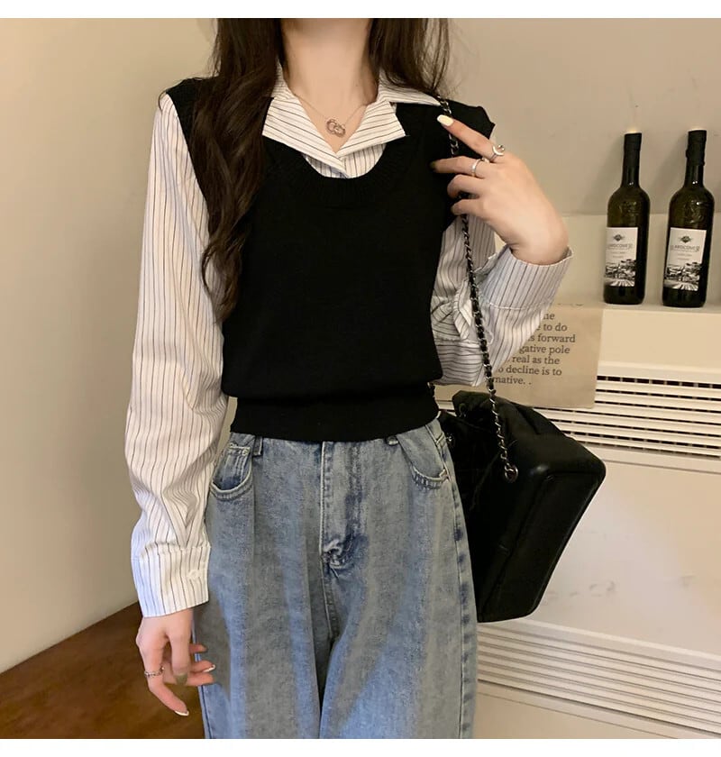 【tops】POLOネック切り替えニットトップス　N2834