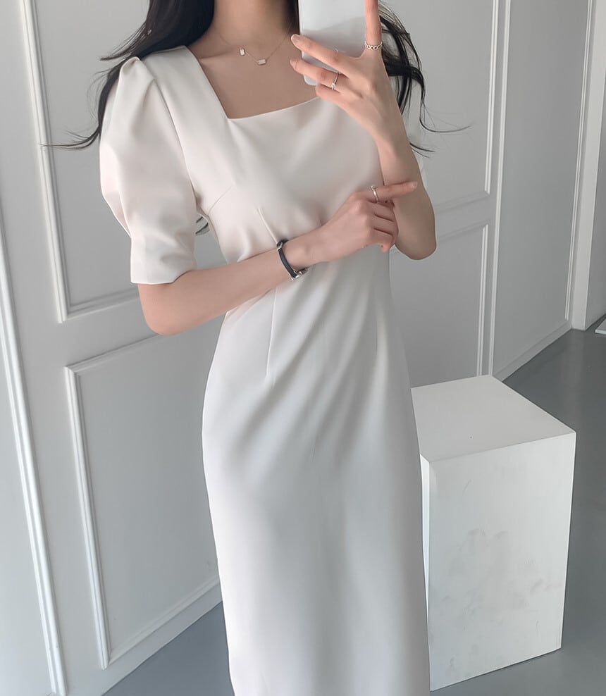 【dress】韓国風着痩せスクエアネックパフスリーブスリット気質満点ワンピース