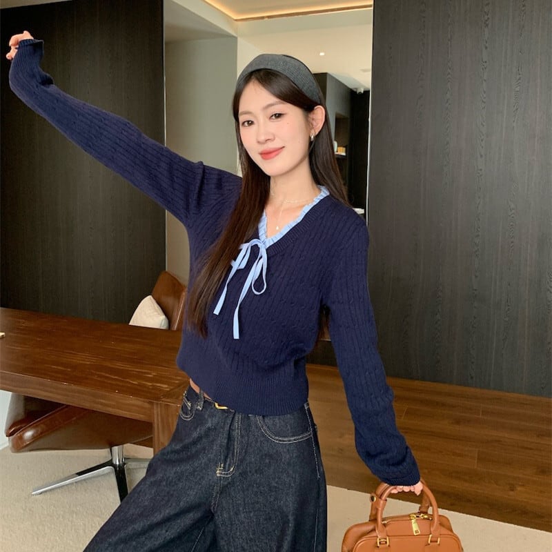 【tops】Vネックリボン付きニットトップス　M27739