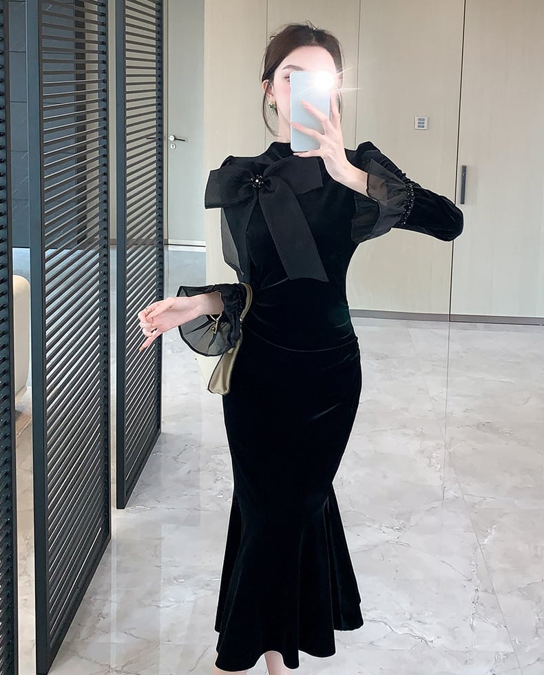 【dress】リボン付きベルベットワンピース Q7513