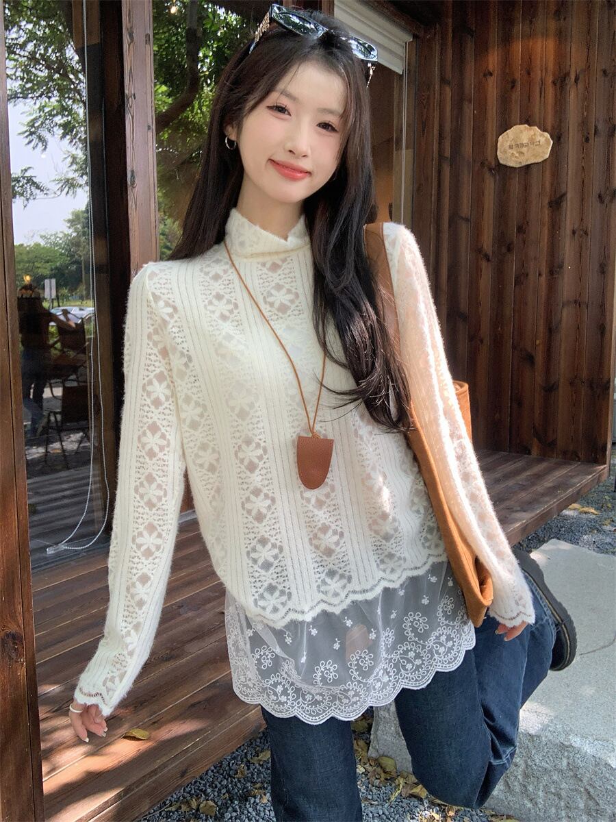 【tops】レース切り替ニットトップス　M27202