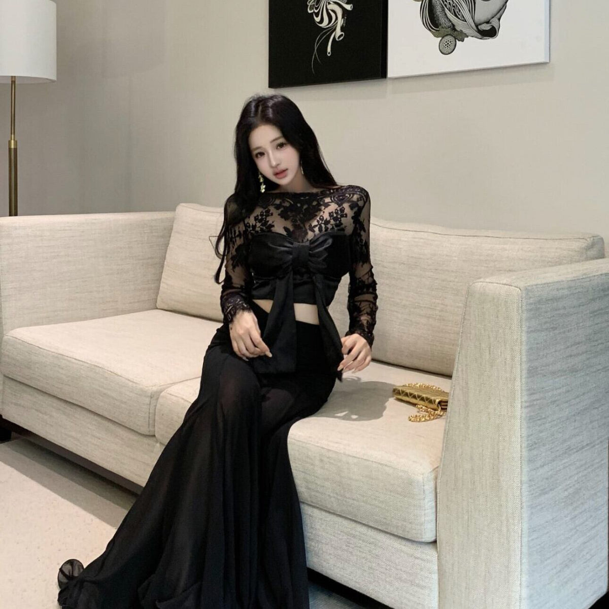 【set】リボン付きレーストップス×ロングスカートセット　N2763