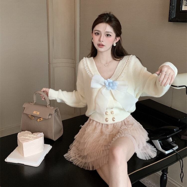 【tops】リボン付きニットセーター　M28472