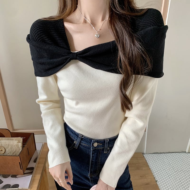 【tops】配色ニットトップス　M27702