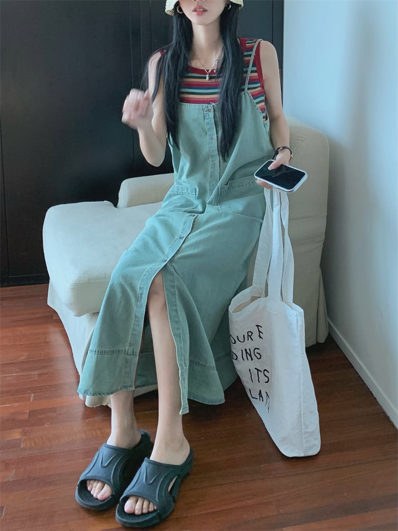 【set】ノースリーブTシャツ×デニムキャミワンピースセット　M24275