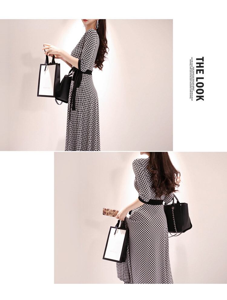 【dress】気質満点レトロ着痩せスリットプリントVネックワンピース