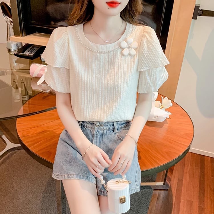 【tops】ラウンドネック半袖パフ袖ブラウスF7509