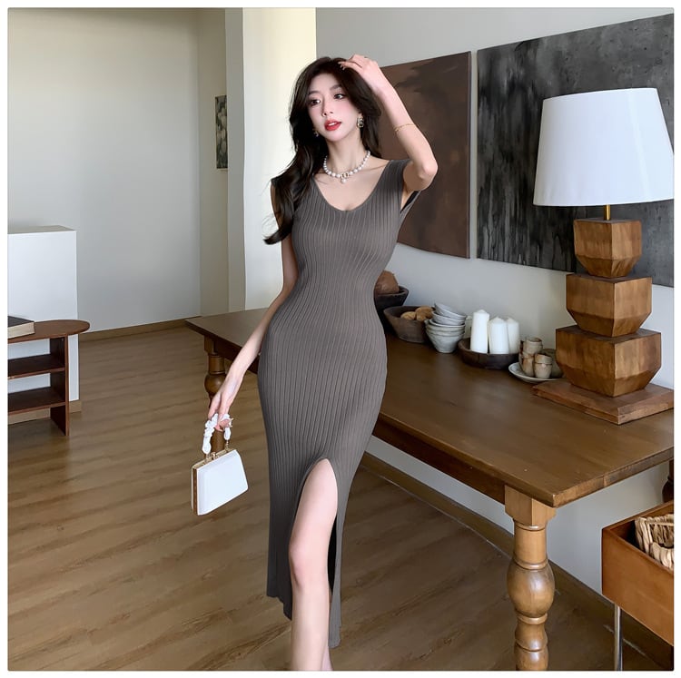 【dress】Vネックニットスリットワンピース G21278