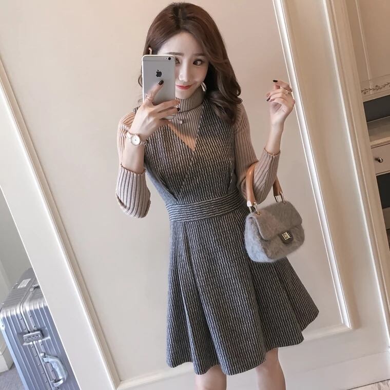 【set】話題沸騰中2点セット無地セーター+ウェスト絞りチョッキワンピース通勤日常セットアップF1277