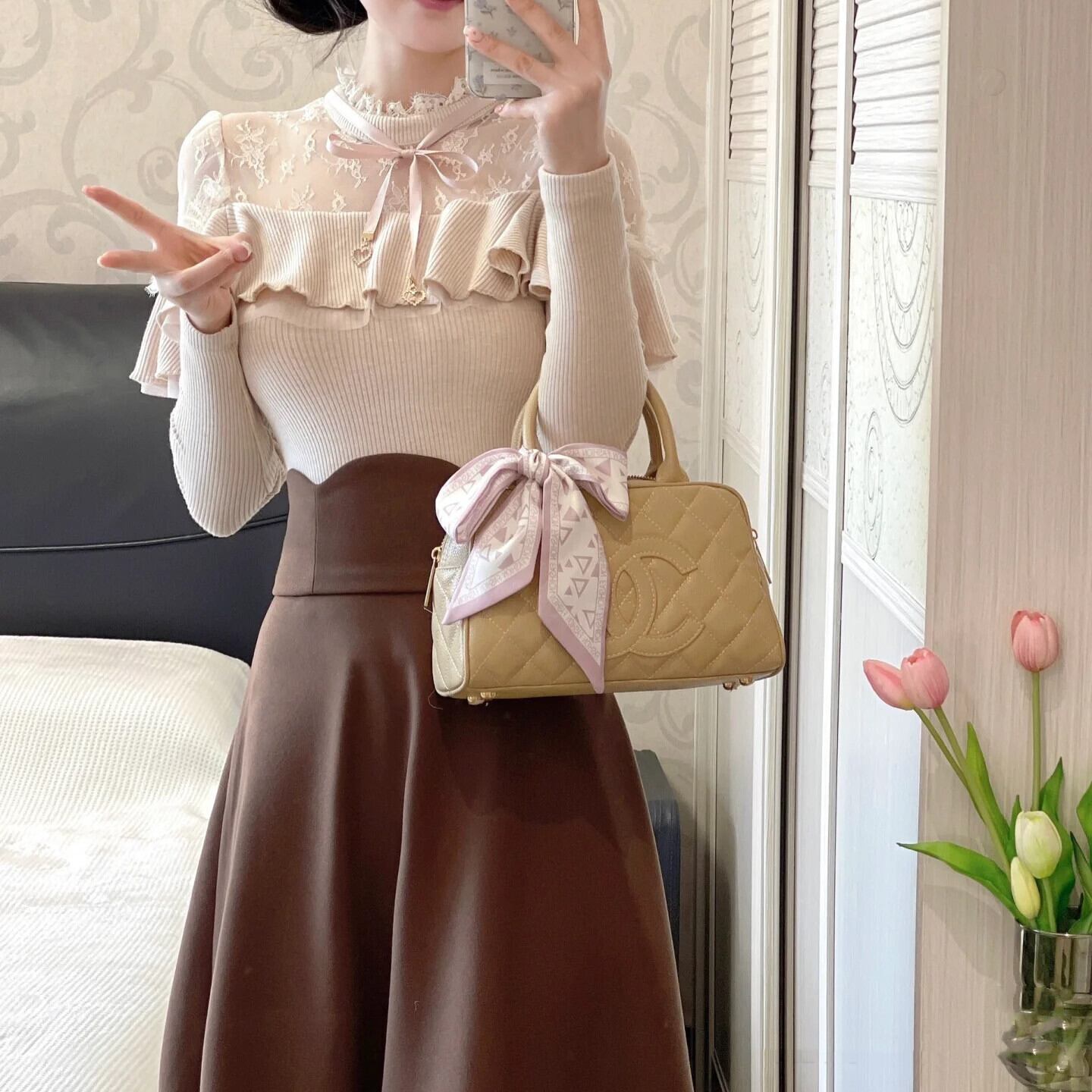 【set】レースフリルニットトップス×ロングスカートセット N3477