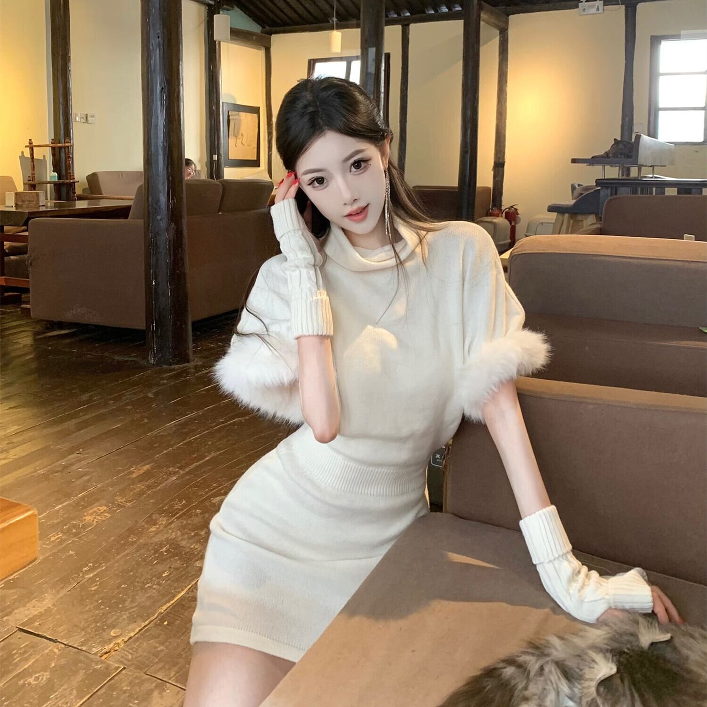 【dress】アームカバー付き袖ファーミニワンピース　N3449