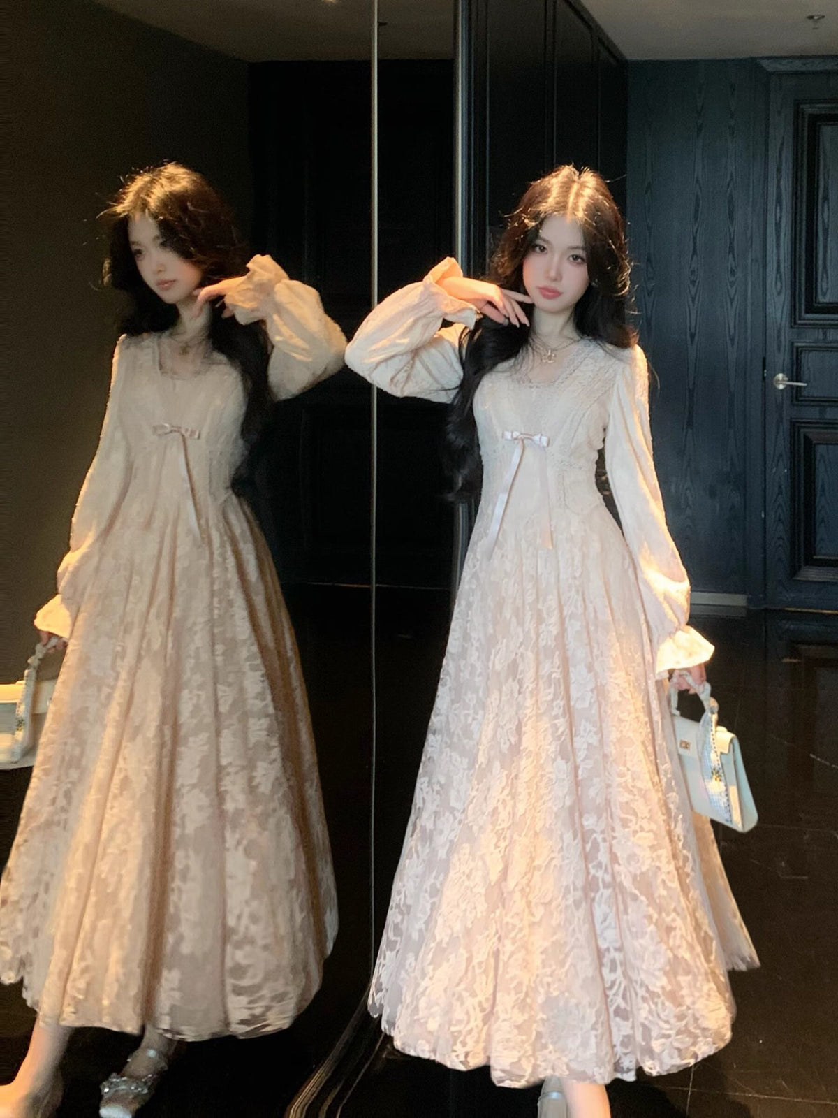 【dress】Vネックロングレースワンピース Q7563
